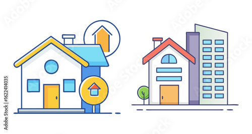 Cartoon style comparison of a house with modern apartments or a condo