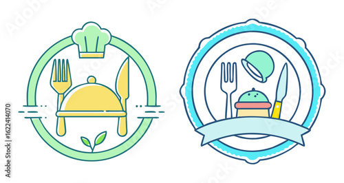 Restaurant logos featuring culinary icons and serving utensils in modern minimalist style