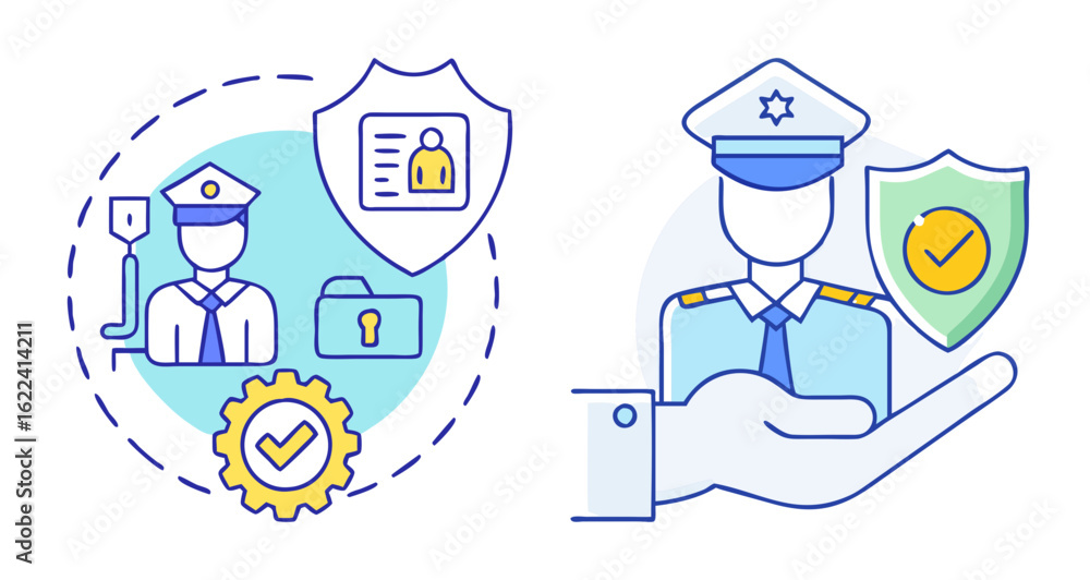 Fototapeta premium Vector illustration of data protection and information security with police officer