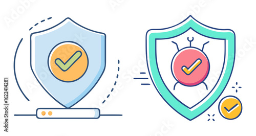 Two cartoon style shields representing internet security and malicious software protection