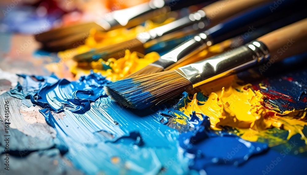 Obraz premium Close-up of vibrant blue and yellow oil paints on a palette with artist's brushes