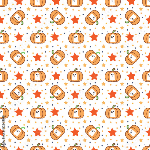 Mini Ghosts Inside Carved Pumpkins ,Kawaii Halloween Seamless Pattern. Created using Adobe Illustrator with integrated AI features (Adobe Firefly). The design is based on the artist’s original concept