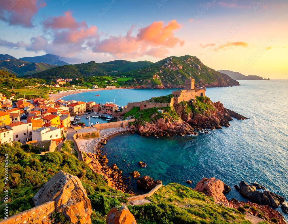 Fototapeta premium Captivating sunset view of Castelsardo, Sardinia featuring the ancient castle and vibrant town