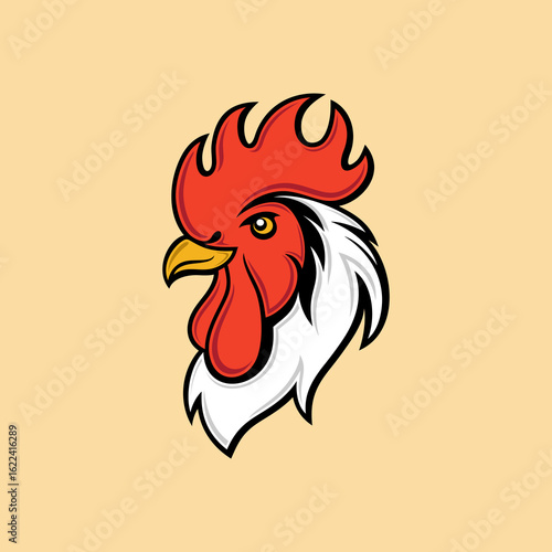 Chicken illustration, rooster head vector illustration. Chicken farm logos, poultry product labels, rooster head mascot designs, food packaging, and rural brand identity. cock head, rooster badge.