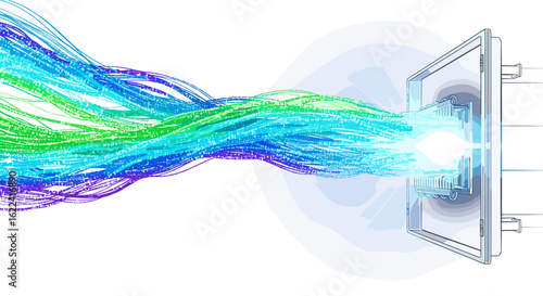 Glowing data stream enters electric box, connecting to future technologies. Data stream, illuminated with bright colors, represents influx of information and connectivity.