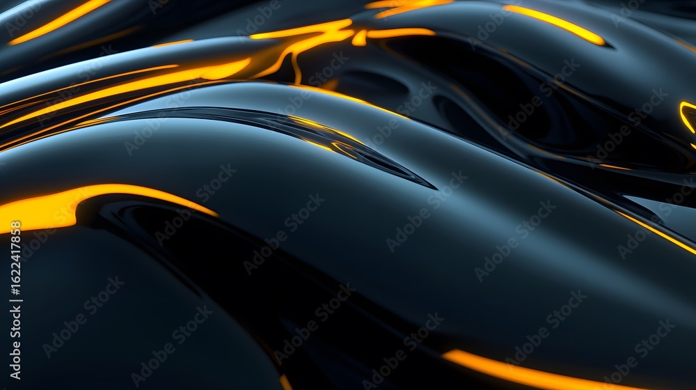 Fototapeta premium Abstract Dark Liquid Glossy Surface with Orange Neon Glowing Lines