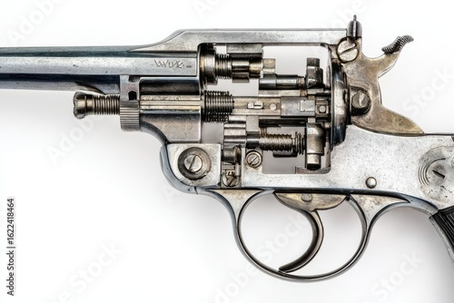 Exposed Mechanisms of Vintage WUK Pistol Revolver on White Background, Detailed View