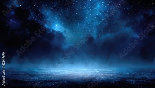 Deep blue night sky, starlit clouds, hazy ground