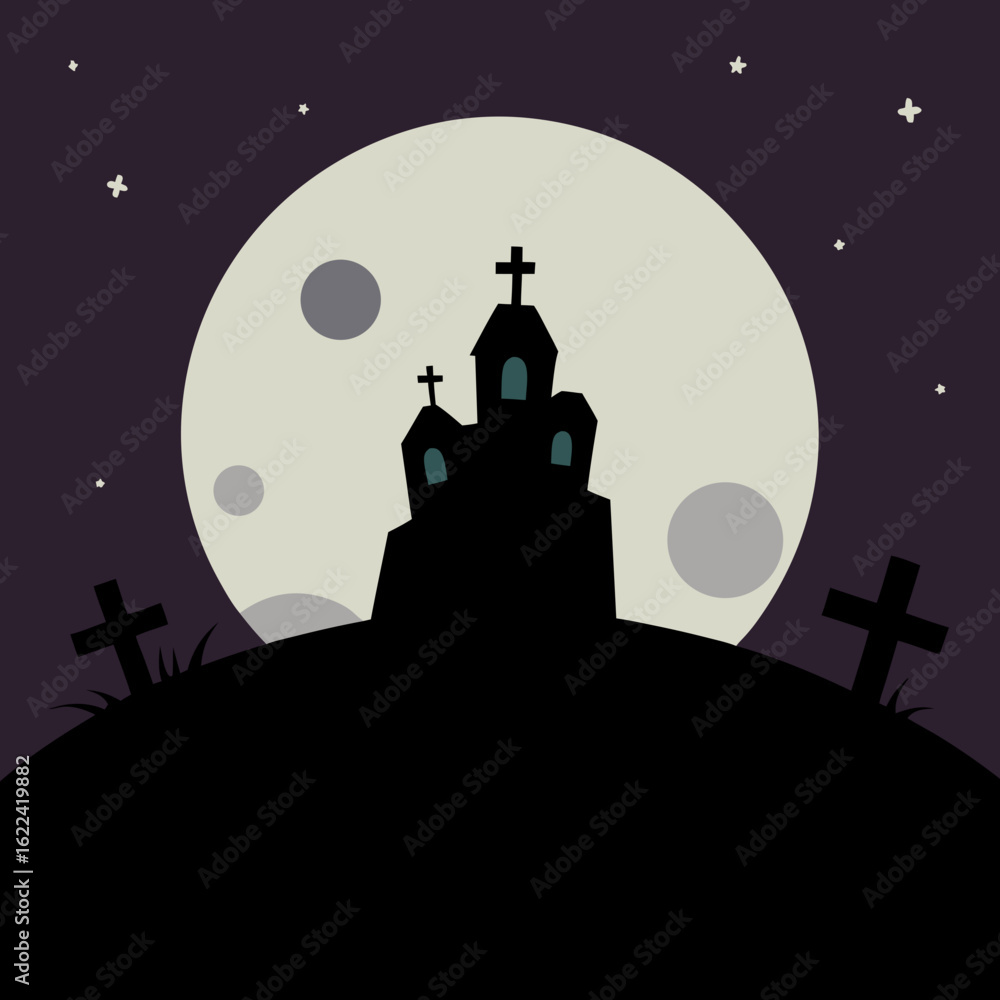 Fototapeta premium Spooky haunted house silhouette under a full moon