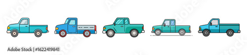 Variety of Pickup Truck Icons in Flat and Cartoon Style for Transport Themes
