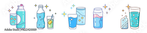 Refreshing Drinks and Sparkling Beverages – Vector Icon Set

