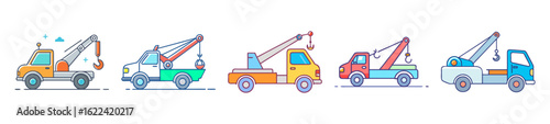 Tow Truck Vector Set in Cartoon Style - Colorful Roadside Assistance Vehicles