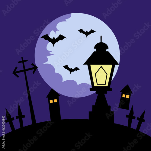 Halloween night with a full moon bats and a haunted street lamp