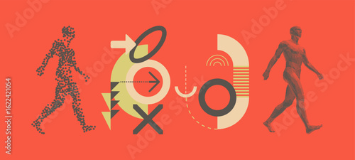 Abstract man stepping forward. The concept of human transformation. Art composition. Geometrical background. Cover design template. Illustration for brochure, poster, cover, card, presentation, flyer.