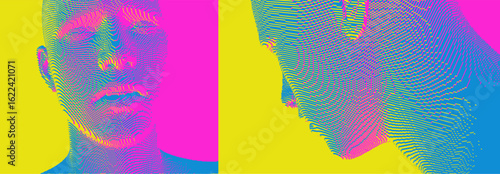 Abstract digital human head constructing from cubes. Minimalistic design for business presentations, flyers or posters. Technology and robotics concept. Voxel art. 3D vector illustration.