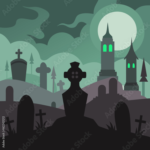 Spooky cemetery scene under a full moon