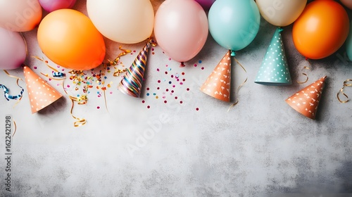 Festive Birthday Balloons Party Hats Confetti Background