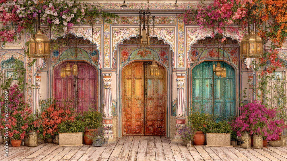 Fototapeta premium Ornate building facade with three colorful doorways and hanging lanterns, covered in vines