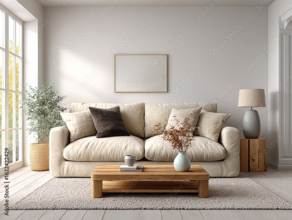 Fototapeta premium Minimalist living room with beige sofa, wooden coffee table, and natural light