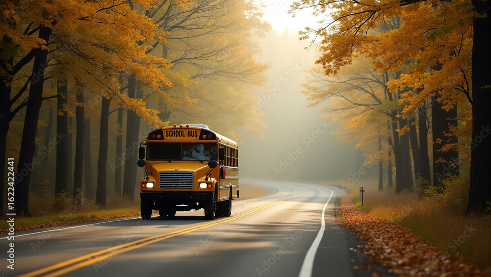Obraz premium School bus on rural road with early fog and yellow leaves