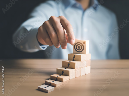 Hand places target block atop wooden stairs symbolizing goal achievement