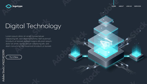Wallpaper Mural Abstract web page template for digital technology or blockchain on dark stylish background. Network infrastructure website layout concept. Isometric vector illustration with artificial intelligence. Torontodigital.ca