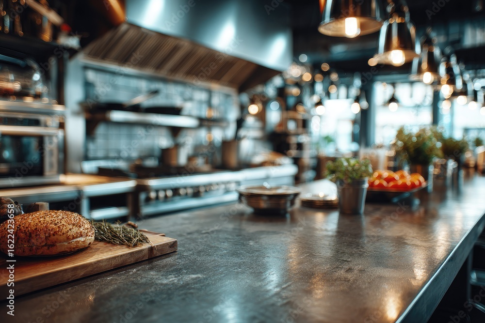 Fototapeta premium Industrial-chic restaurant kitchen, counter focus