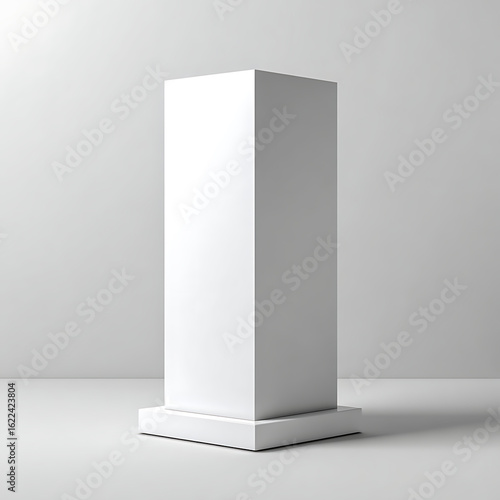 Tall White Rectangular Pedestal on a White Base with Soft Shadows in a Studio Setting display blank