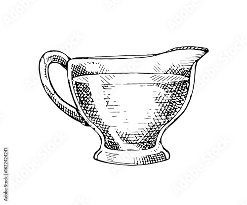Engraved icon of full gravy boat. Vintage sketch of glass jar of sauce. Drawing container of organic mayonnaise, pot of seasoning for food. Hand drawn isolated vector illustration on white background