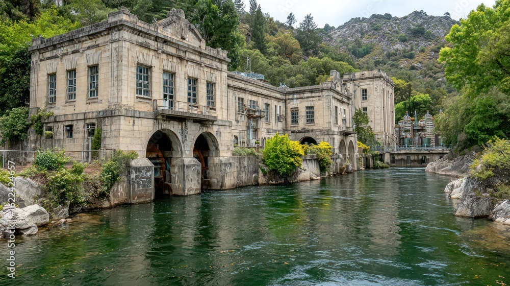 Fototapeta premium Old stone building by a river, lush surroundings