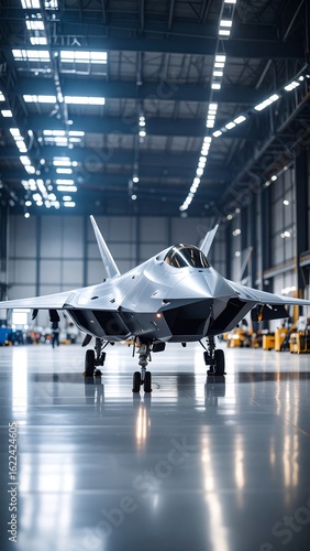 Sleek, silver fighter jet in a hangar