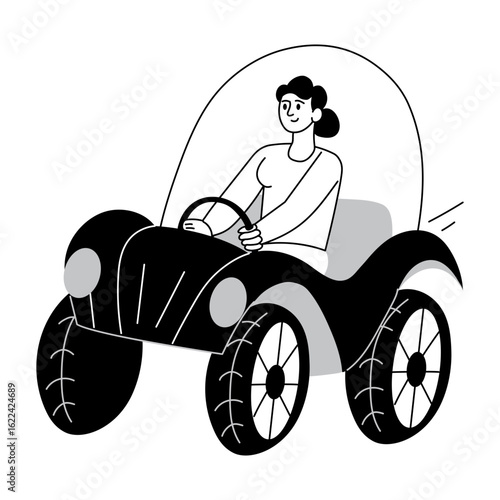 A hand drawn style illustration showing a character driving a mini car
