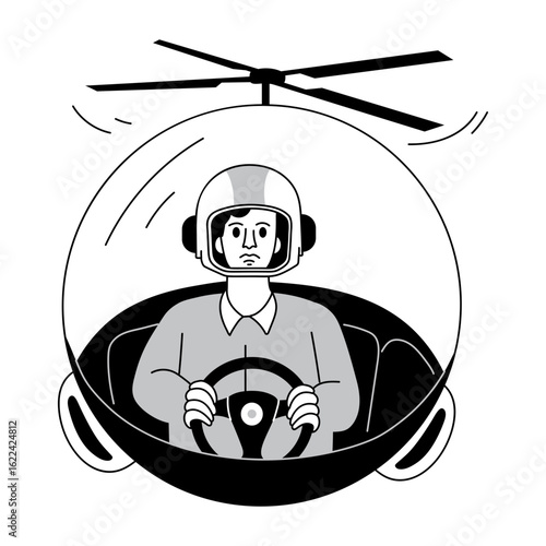 A drawing style illustration depicting a helicopter pilot
