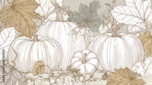 Illustrated group of white pumpkins with leafy vines in soft, muted beige tones