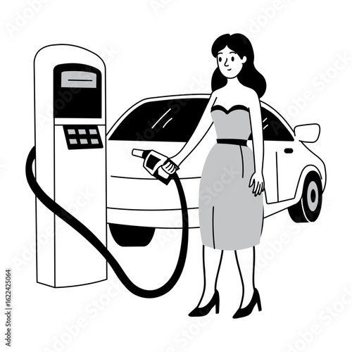 A sketchy style illustration depicting a character refueling car

