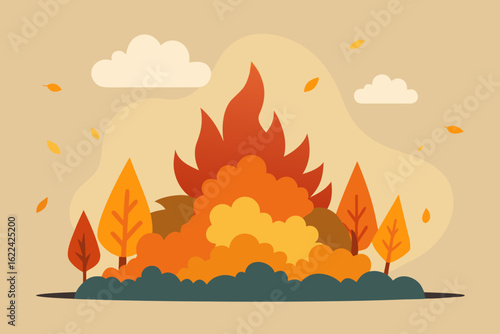 Autumn bonfire with falling leaves and clouds in a flat design style