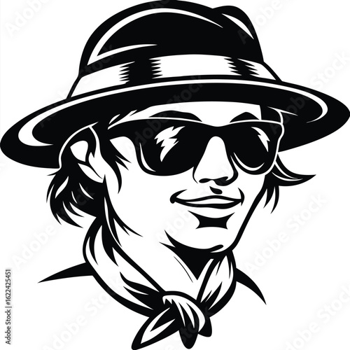 Stylish man with hat and sunglasses displays retro fashion in monochrome art