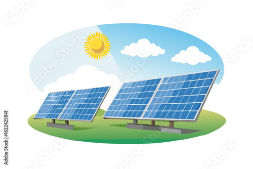 Solar panels on green field under sunny sky with clouds