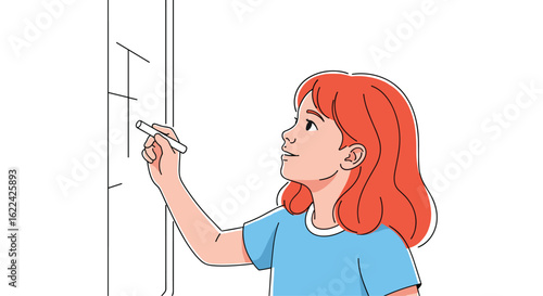 Young girl with red hair writing on a whiteboard with chalk learning mathematics and writing numbers developing her understanding of arithmetic