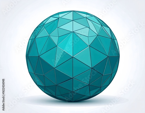 Abstract turquoise sphere with a low poly faceted surface. A 3D vector illustration concept for technology and digital design.