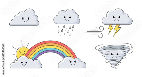 A collection of cute weather icons featuring clouds rainbow sun storm and tornado with happy and angry faces