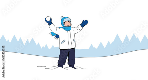 Young person enjoying a snowy winter day throwing snowballs while wearing warm clothing and a hat with ear flaps