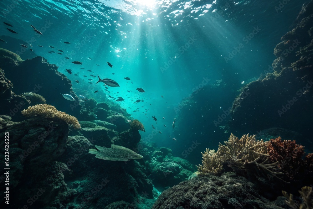 Fototapeta premium Underwater Coral Reef with Sunbeams