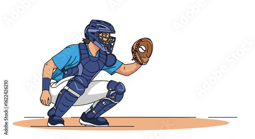 Baseball catcher in protective gear in a squatting position ready to receive a pitch during a game