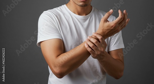 Man holding hand to numb arm on gray background with sharp studio light and minimalist composition