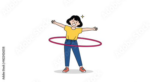Young woman skillfully performing a hula hoop dance routine with energetic movements and a focused expression on her face