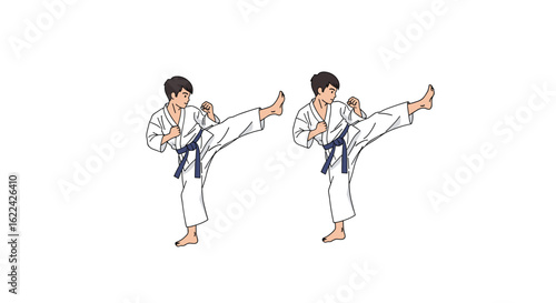 Two martial artists in white uniforms performing a high side kick with strong leg extension in unison demonstrating powerful athletic movement and discipline