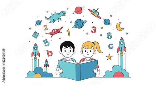Two young children immersed in reading a book imagining space adventures and learning through stories