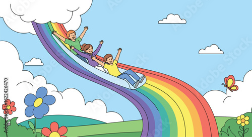 Children gleefully sliding down a vibrant rainbow in a whimsical dreamlike landscape with flowers and butterflies under a bright blue sky filled with fluffy clouds