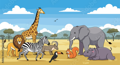 A colorful pixel art scene of diverse animals roaming freely across the african savannah under a bright sunny sky
